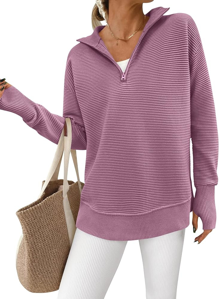 PRETTYGARDEN Womens Long Sleeve Quarter Zip Pullover Sweater Casual Loose V Neck Collared Ribbed ... | Amazon (US)