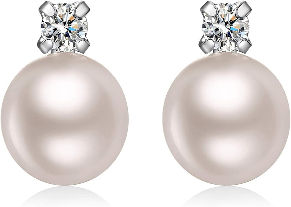 Han han 18K White Gold Plated Pearl Diamond Stud Earrings for Women 925 Sterling Silver Pearl Ear... | Amazon (US)