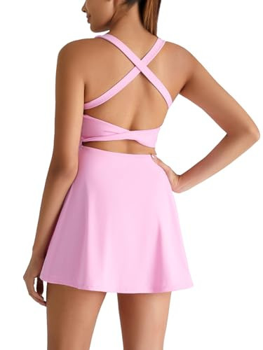 IFFEI Women's Tennis Dress with Built in Bra and Shorts Pocket Open Back Twisted Athletic Workout Golf Dresses S Pink | Amazon (US)