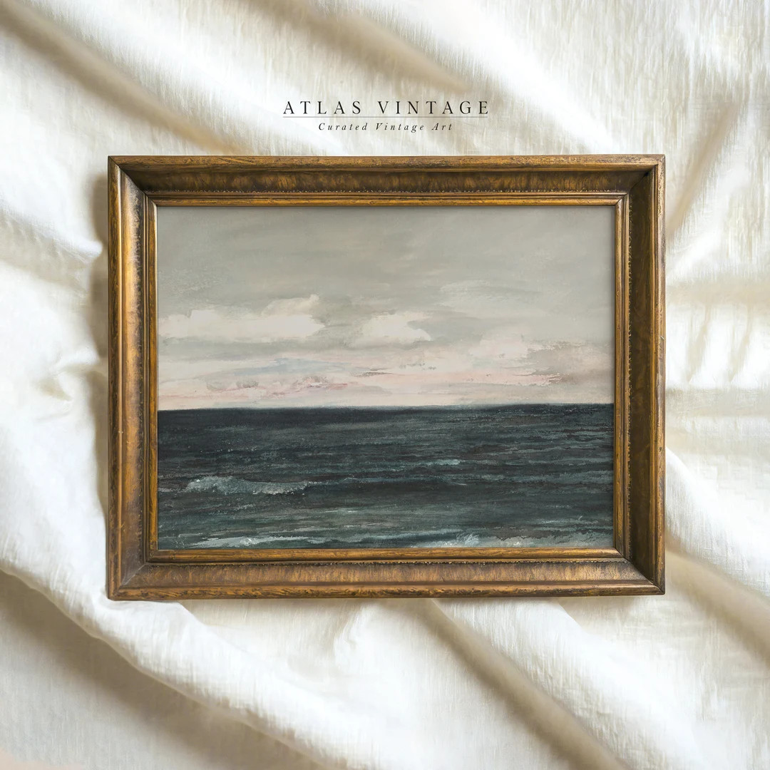 Vintage Seascape Print Moody Green Blue Ocean Painting Coastal Beach House Decor Printable Wall A... | Etsy (US)