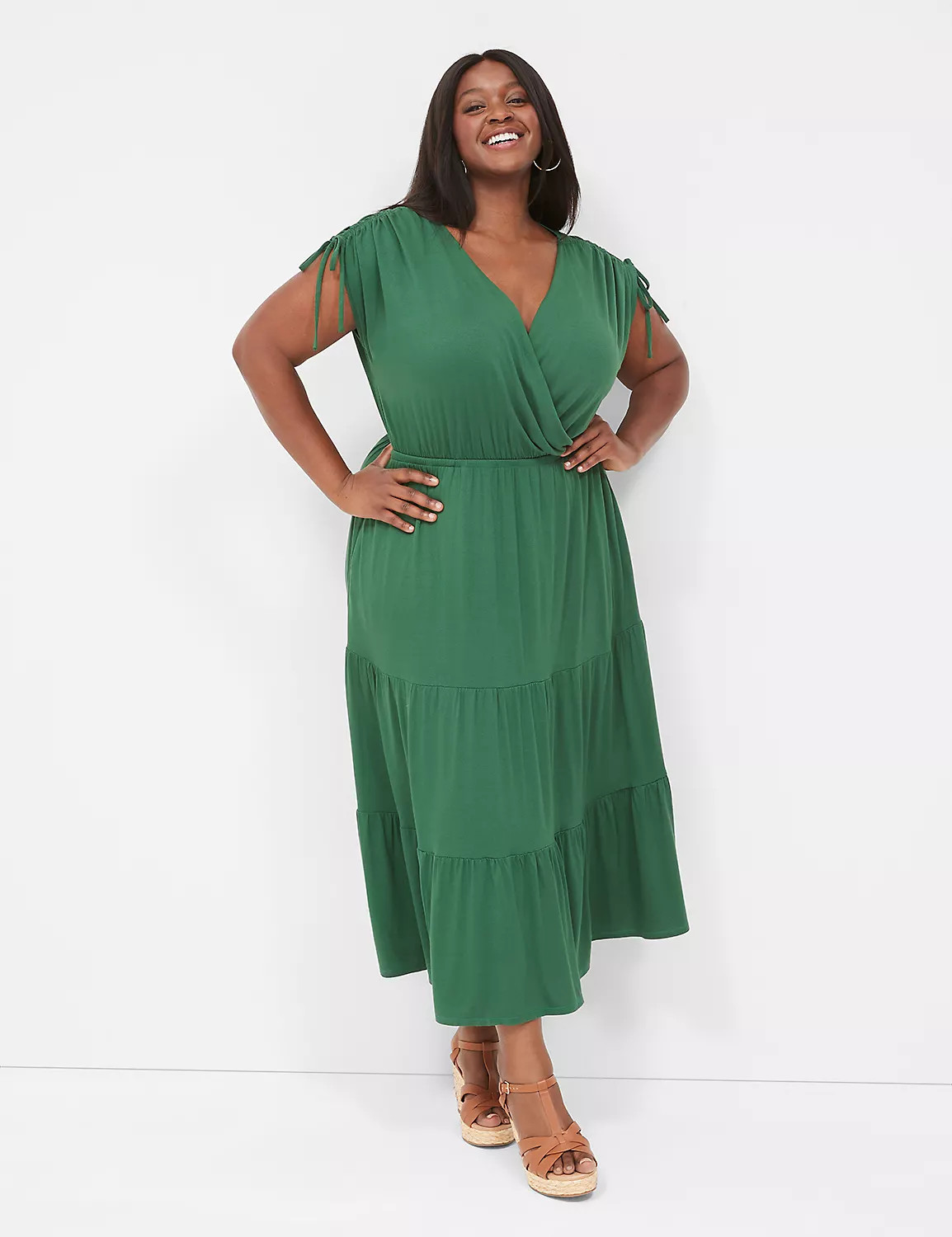Ruched-Shoulder Tiered Jersey Midi Dress | LaneBryant | Lane Bryant (US)