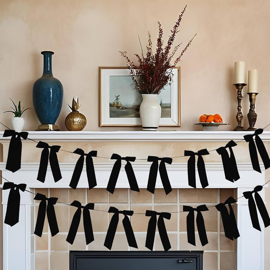 2 Pack Black Bow Garland Banner - 16 Prestrung Satin Black Bows Garland for Bridal Shower Decorat... | Amazon (US)