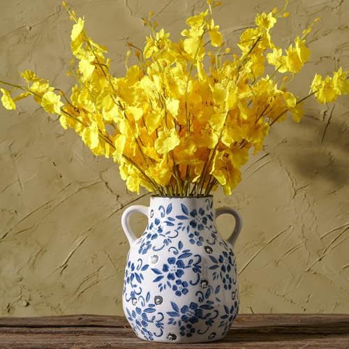 Blue and White Vintage Round Flower Vase with 2 Handles, Chinoiserie Floral Vase, Retro Ice Cracked Ceramic Large Vases for Home Decor, Living Room, Grand Millennial Decor, Chinoiserie Decor, 7.7 Inch | Amazon (US)