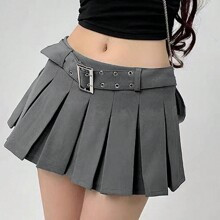 Womens Solid Color Pleated Waist Belted Summer Skirt | SHEIN