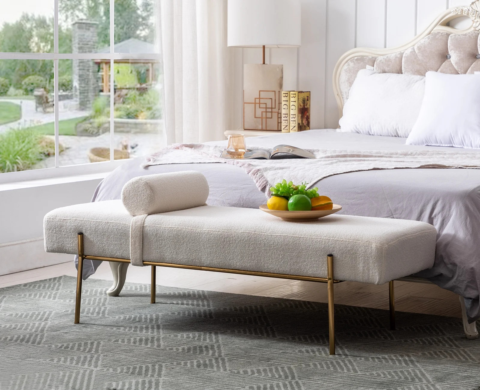 55" White End of Bed Bench, Modern Faux Fur Upholstered Ottoman Bench Seat with Gold Legs, Fuzzy ... | Walmart (US)