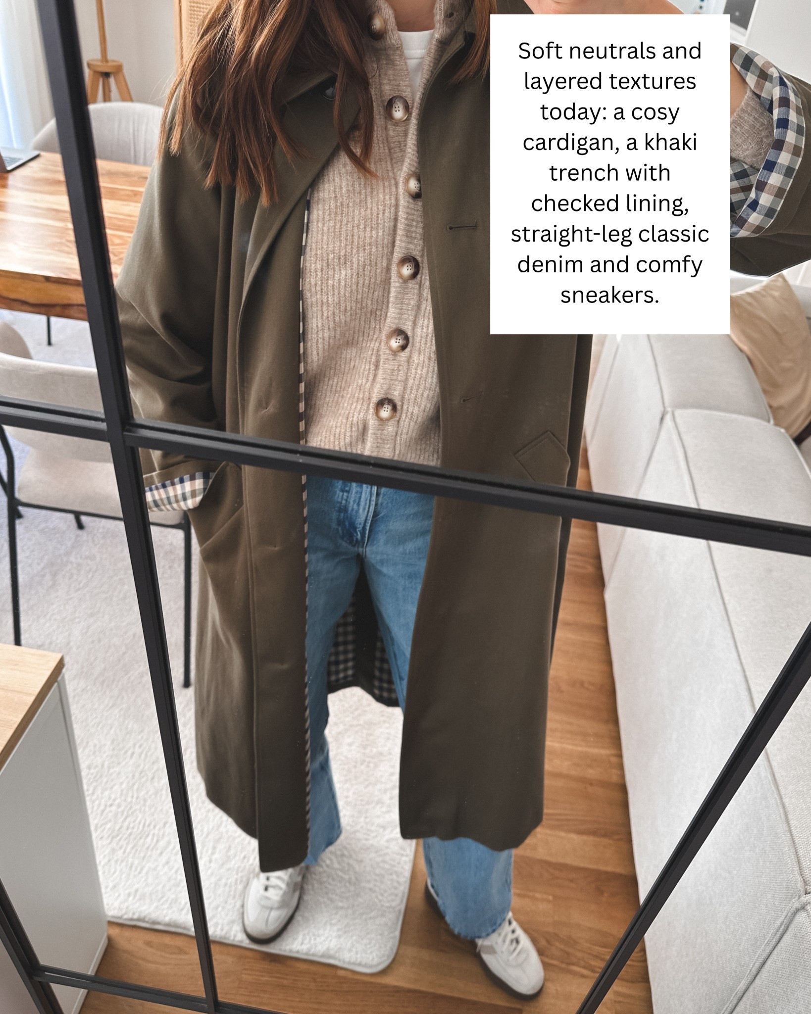 Soft neutrals and layered textures:
- Trench - oversized fit, but wearing my usual size M/38
- Cardigan - slightly oversized, wearing M/38
- t-shirt - tts 
- jeans - run big, wearing 27 (31 Length)
