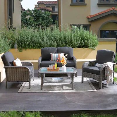 Ovios New Augtus 4-Piece Rattan Patio Conversation Set with Black Cushions | Lowe's