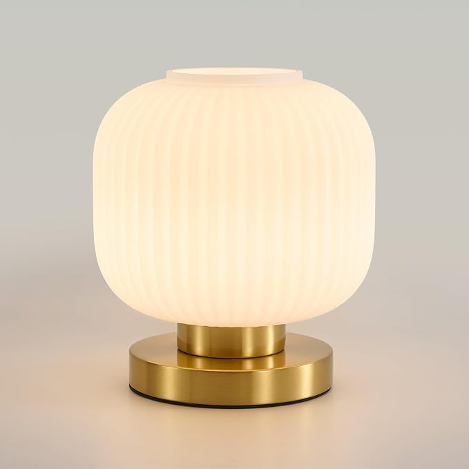 White Glass Table Lamp,Vintage Gold Base Ribbed Bedside Lamp | Amazon (US)