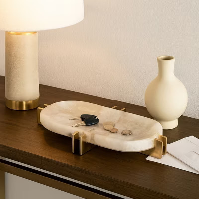 House Decor Tray for Bed or Coffee Table - Elegant Oval Marble Tray with Metal Frame for Centerpiece Table Decoration - 14" White & Gold | Target