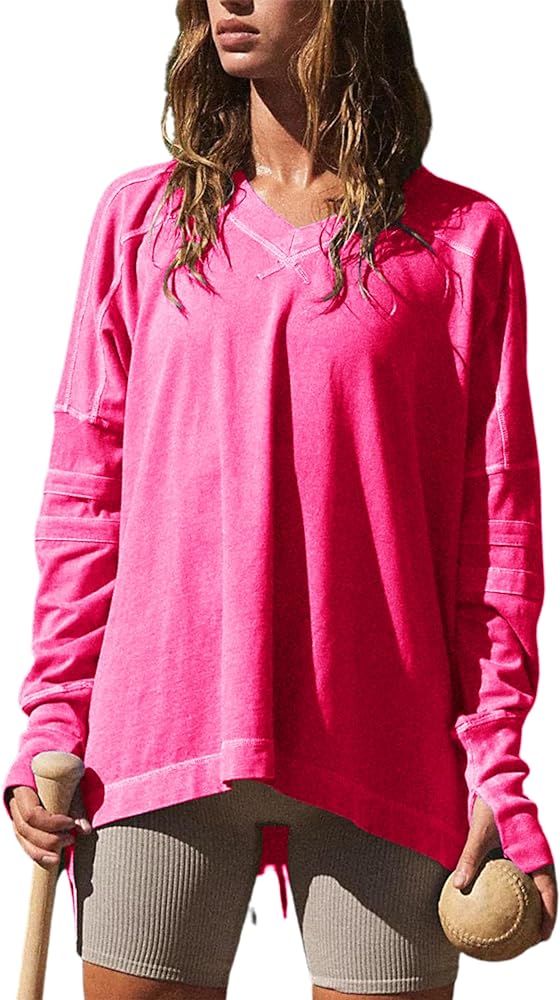 Women's Oversized Long Sleeve Tee Shirt Tshirt Pull-on Basic V Neck T Shirt Blouse Tunic Top with... | Amazon (US)