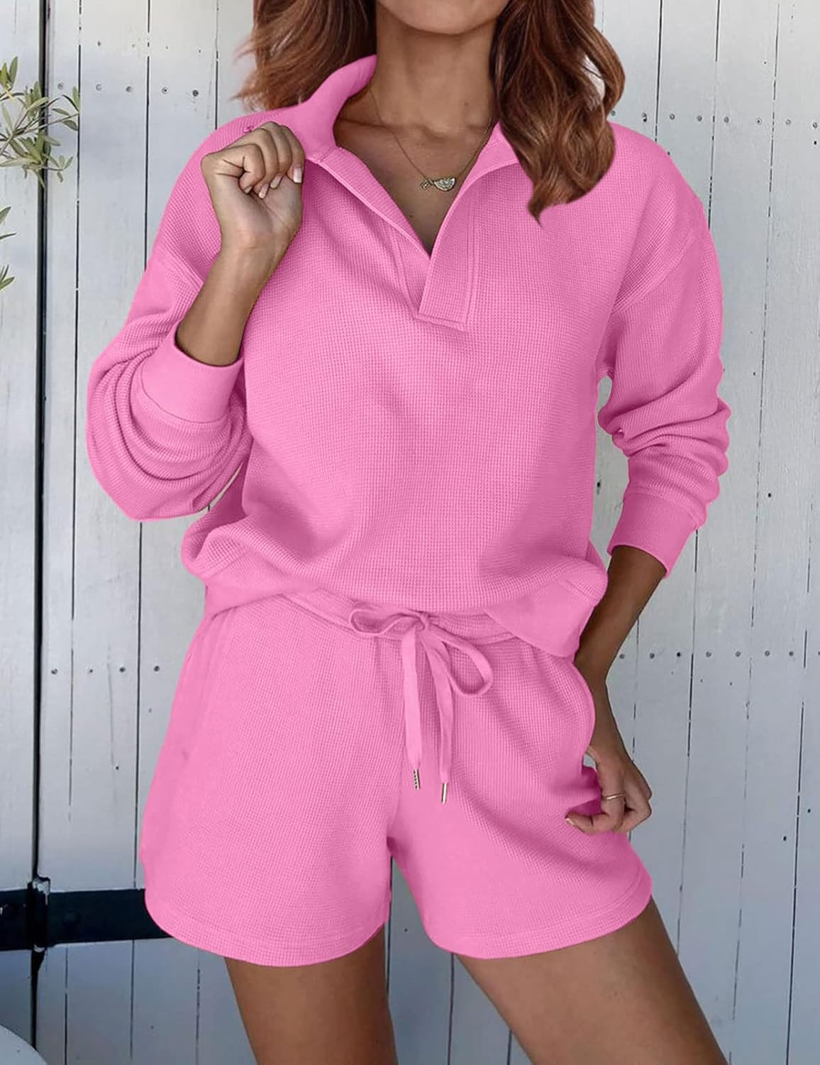 MEROKEETY Women's 2 Piece Waffle Knit Lounge Sets Long Sleeve Shorts Outfits Pjs with Pockets | Amazon (US)