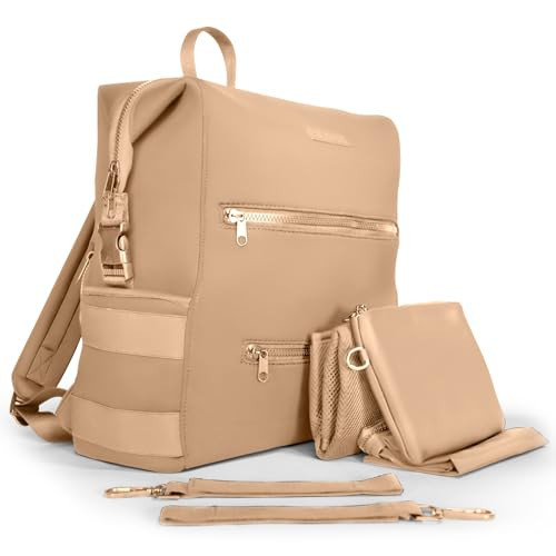 BUNSO Neoprene Diaper Bag, Minimalist Backpack Diaper Bag with Pouch, Changing Pad, and Stroller Straps, Water Resistant and Lightweight Baby Diaper Bag Backpack, Womens and Mens Diaper Bag, Khaki | Amazon (US)