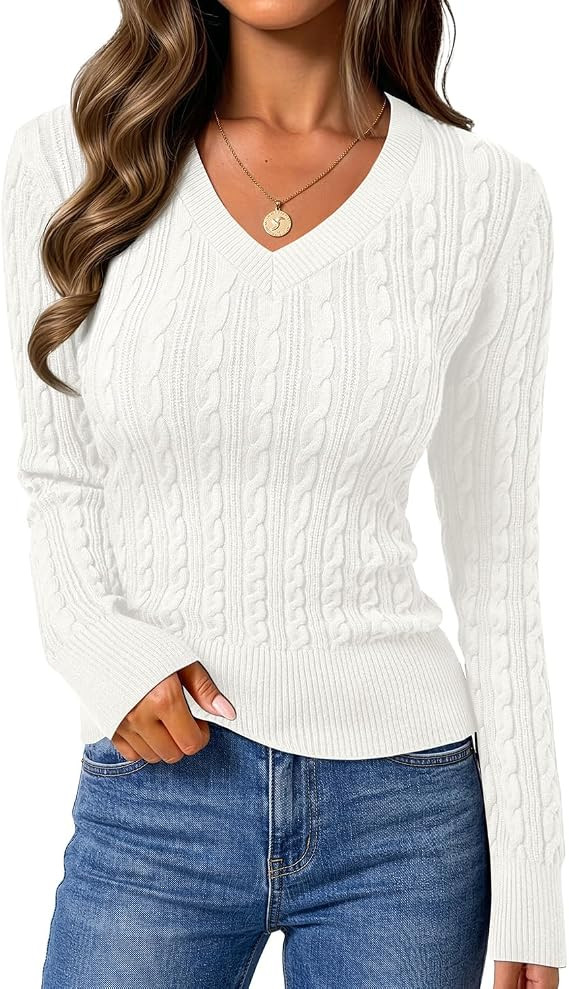 JUSTFASHIONNOW Womens Cable Knit Sweater V Neck Long Sleeve Fitted Tops | Amazon (US)