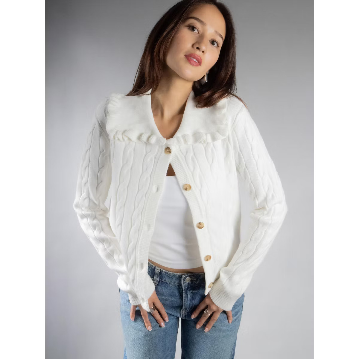 Jess by Meiko Women''s Ruffle Collar Cable Knit Cardigan | Target