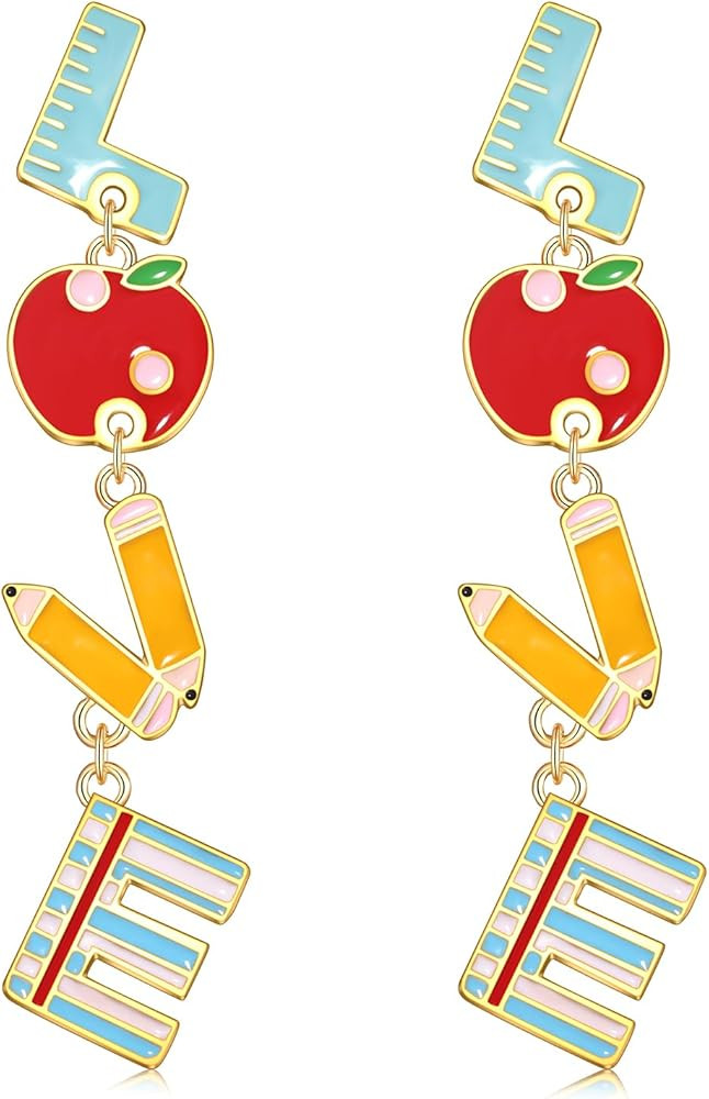 Teacher Earrings for Women Enamel Apple Pencil Dangle Earrings Letter Love FRI-YAY Earrings State... | Amazon (US)