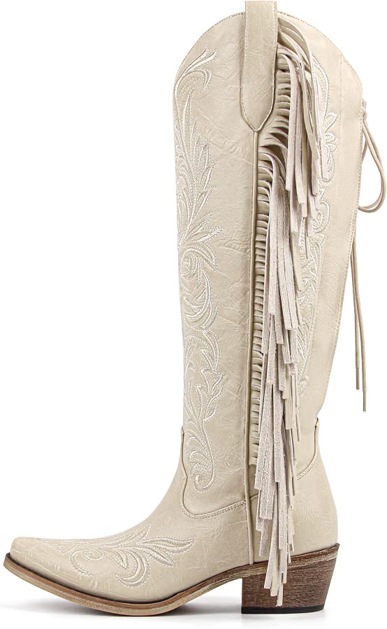MissHeel Knee High Lace Up Cowboy Boots with Fringe Embroidered Western Boots Wide Calf | Amazon (US)
