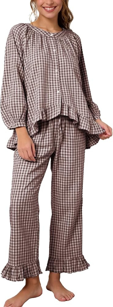 Flygo Womens Plaid Pajamas Sets 2 Piece Cotton Pj Set Puff Sleeve Ruffle Babydoll Shirt Gingham P... | Amazon (US)