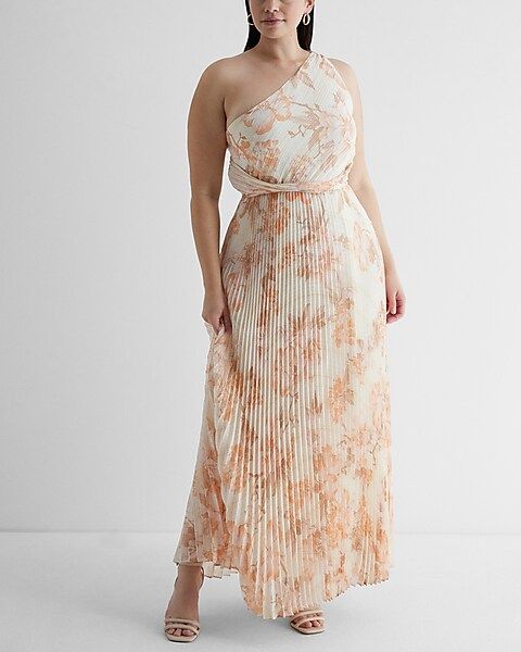 Metallic Floral One Shoulder Twist Front Pleated Maxi Dress | Express