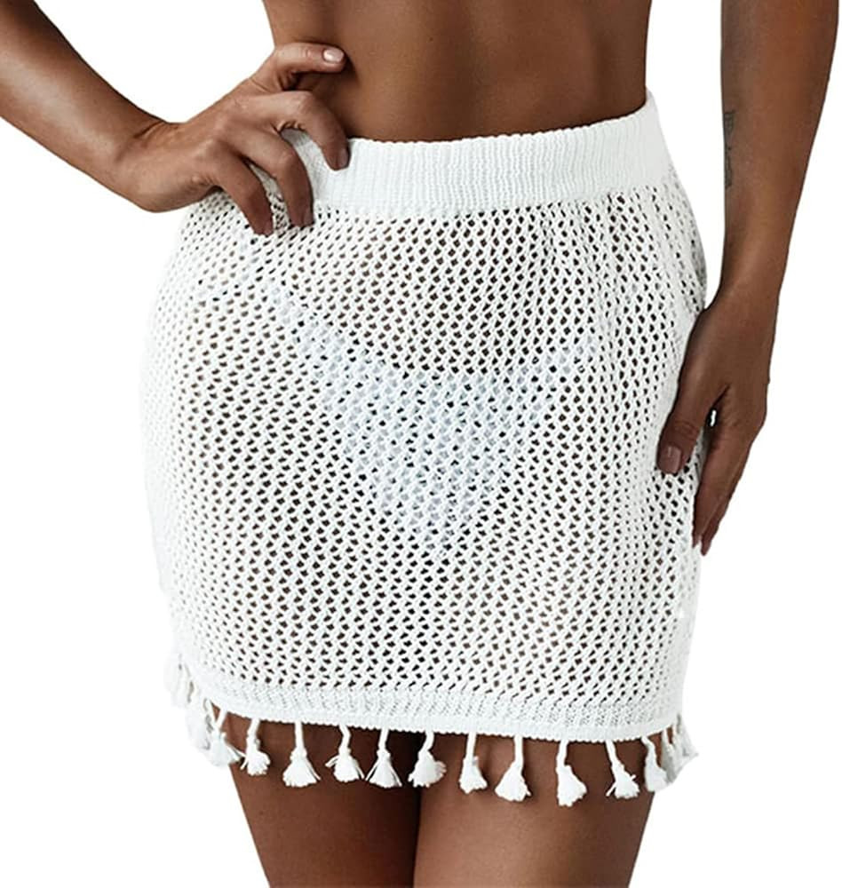 ZAFUL Women's Swimsuit Cover Up Crochet Sheer Short Beach Skirt with Tassels | Amazon (US)