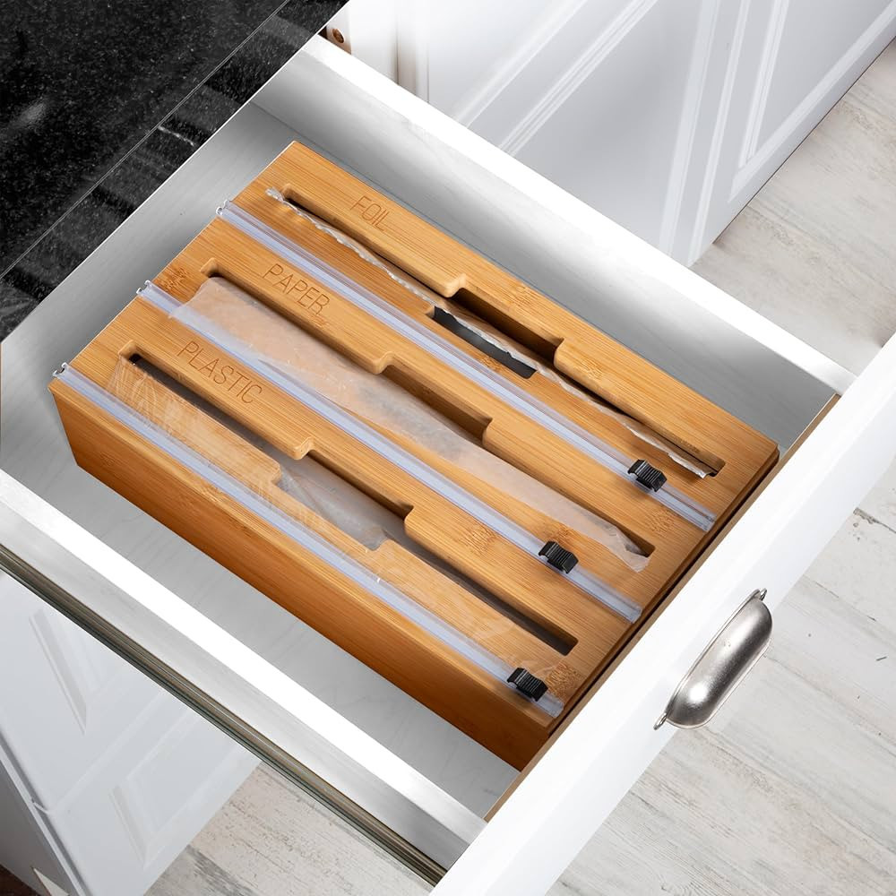 Honey Can Do 3-In-1 Bamboo Food Wrap Organizer With Safety Cutter | Plastic, Wax, Paper and Foil ... | Amazon (US)