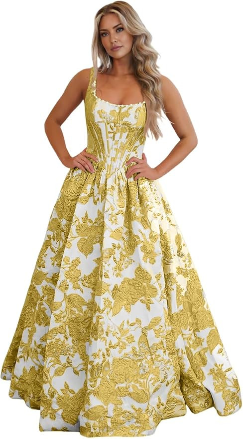 Floral Prom Dresses for Teens 2026 Formal Long Jacquard Satin Ball Gown | Amazon (US)