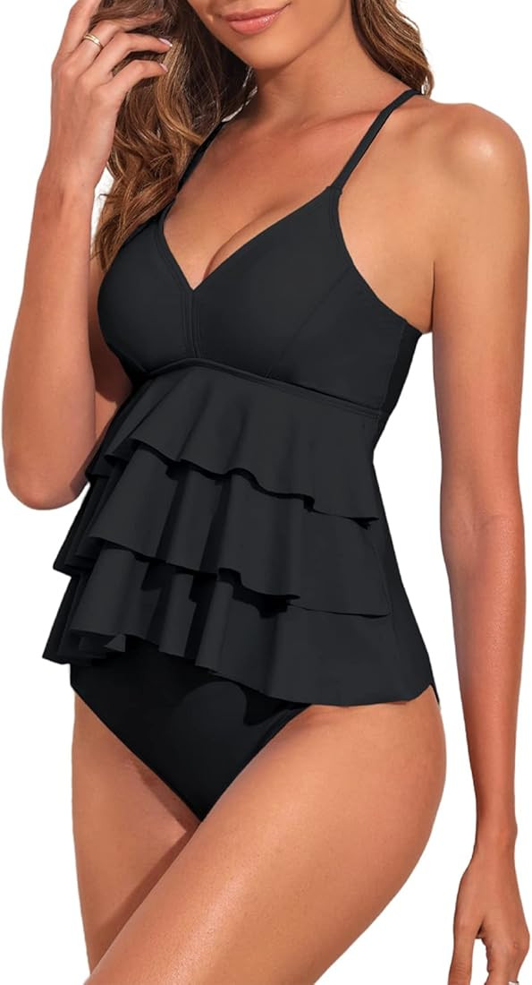 Aleumdr Women's 2 Piece Tankini Swimsuits Tummy Control Bathing Suits Ruffled Swim Tank Top with ... | Amazon (US)