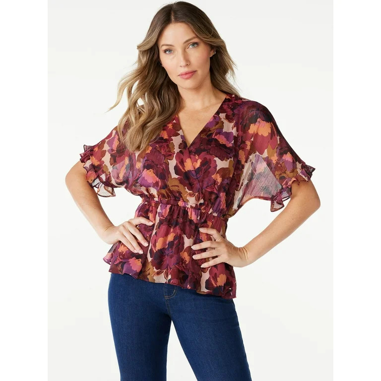 Sofia Jeans Women's Faux Wrap Peplum Top with Short Sleeves, Sizes XXS-3XL | Walmart (US)