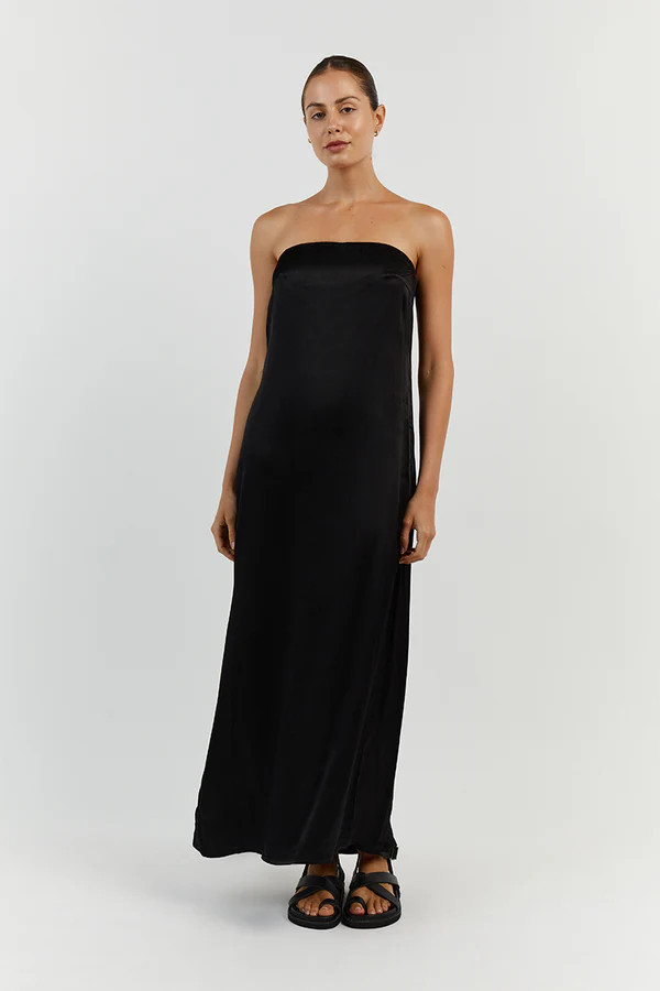 MIA BLACK STRAPLESS SATIN MIDI DRESS | DISSH