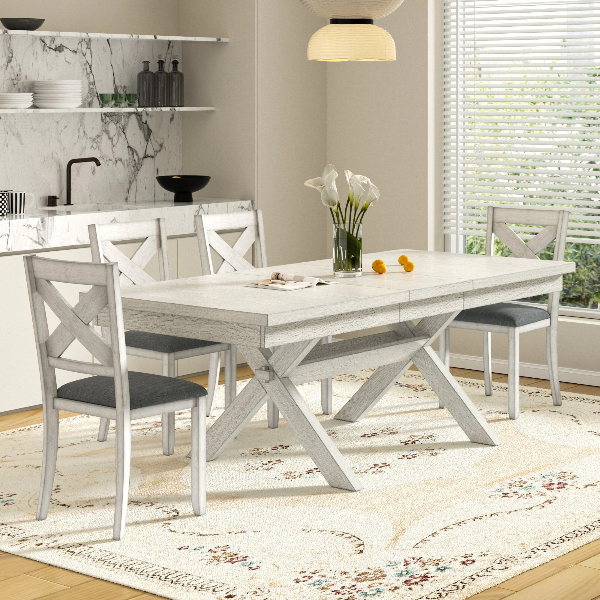 Vecelo 90 Inches Extendable 7 Pieces Solid Wood Dining Table Set For 6 People Large Dining Table With 6 Upholstered Chairs Space Saving Dining Room | Lowe's