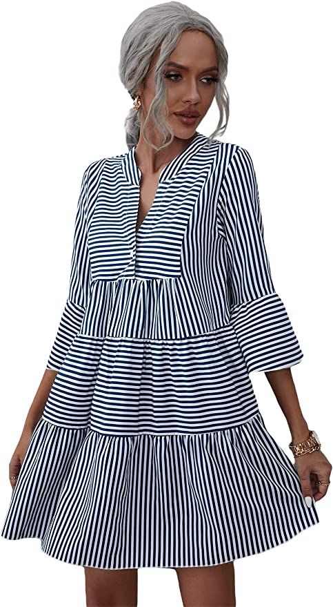 Floerns Women's Striped Print Button Front Notched V Neck Swing Shift Dress | Amazon (US)