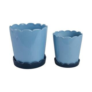 6 in. and 8 in. Blue Ceramic Color Block Scallop Edge Decorative Pots (Set of 2) | The Home Depot
