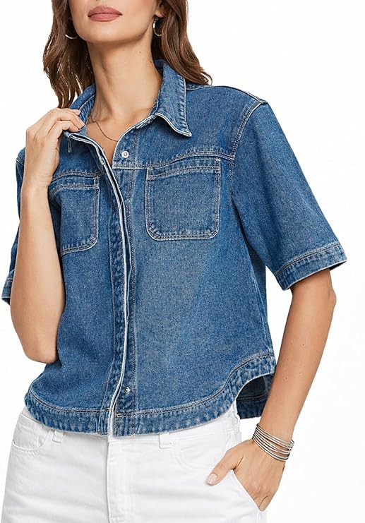 Kedera Women Denim Shirt Tops Short Sleeve Button Down Casual Jean Coat Trendy Jacket Shacket | Amazon (US)