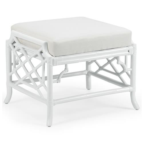 Karson Coastal Beach White Upholstered Rattan Stool | Kathy Kuo Home