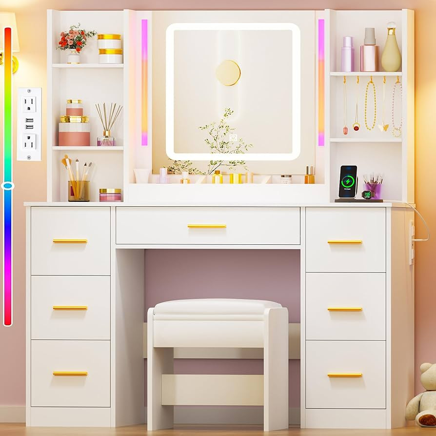 ANWBROAD Makeup Vanity Desk with Mirror and Lights 3 Colors Large Vanity Table with 7 Drawers & R... | Amazon (US)