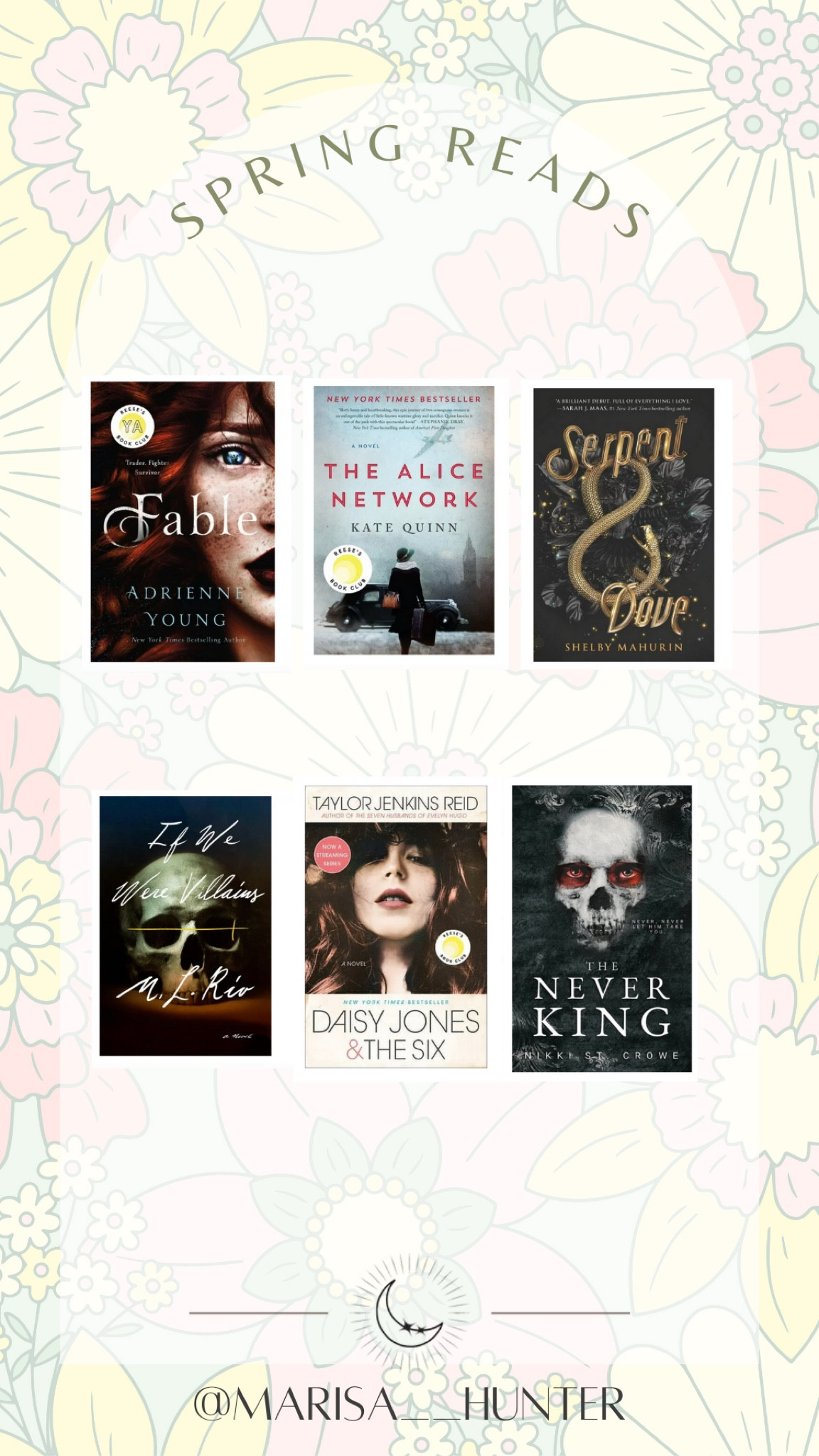 Spring reads

Booktok the never king daisy jones and the six the Alice network Kate Quinn 

#LTKSeasonal #LTKhome #LTKfamily