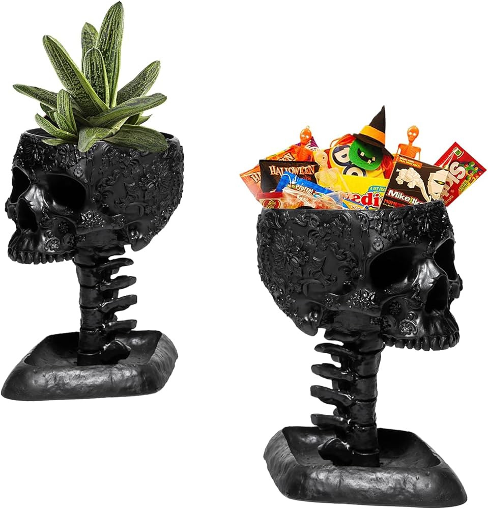 Skull Halloween Trick or Treat Bowl & Planter Pot, Makeup Brush & Pen Holder - Skeleton Backbone ... | Amazon (US)