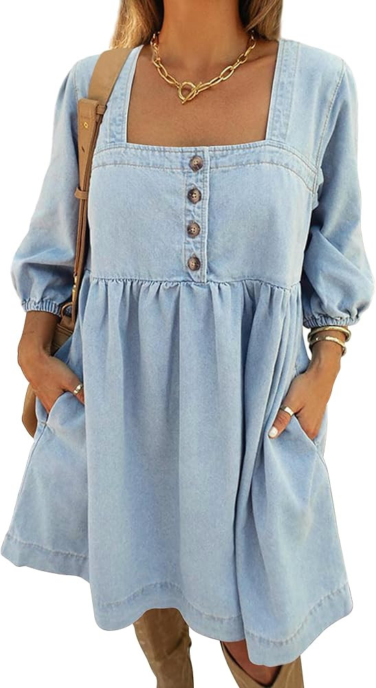 Skirt BL Denim Dress for Women Square Neck Jean Dress 3/4 Sleeve Babydoll Tiered Summer Dresses w... | Amazon (US)