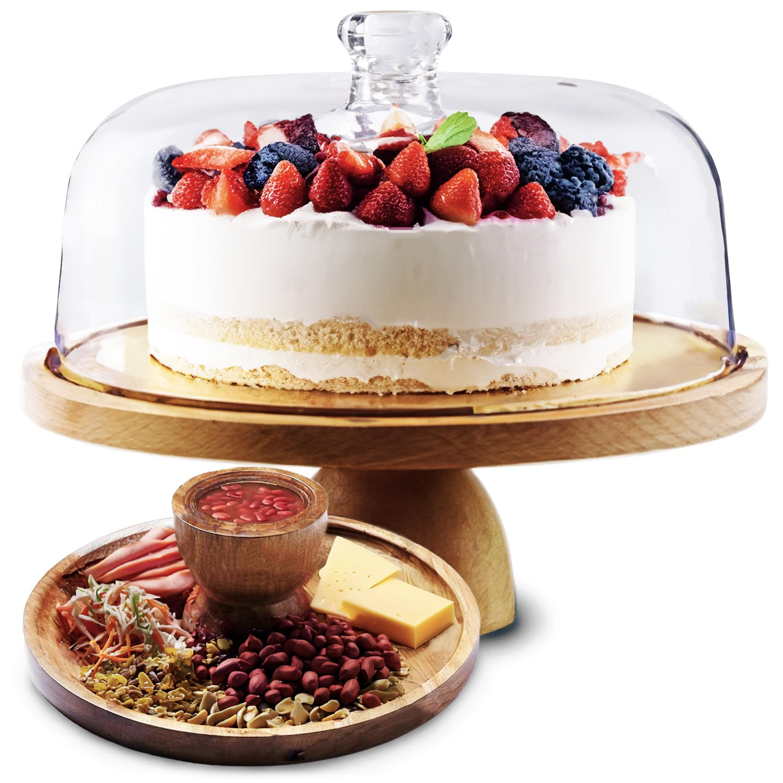 OPPA 2-in-1 Acacia Wood Cake Stand with Acrylic Dome Lid, Multifunctional Dessert Display Set –... | Amazon (US)