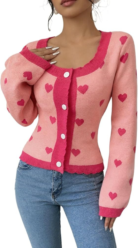 Heart Cardigan Knit Open Front Sweater Long Sleeve Button Up Sweater Cute Cozy Valentines Day Out... | Amazon (US)