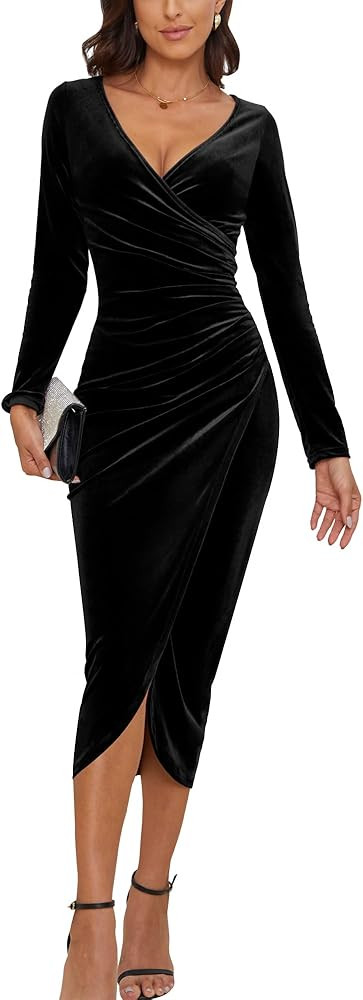 CYiNu Women's V Neck Wrap Velvet Long Sleeve Elegant Bodycon Ruched Cocktail Party Maxi Dress | Amazon (US)