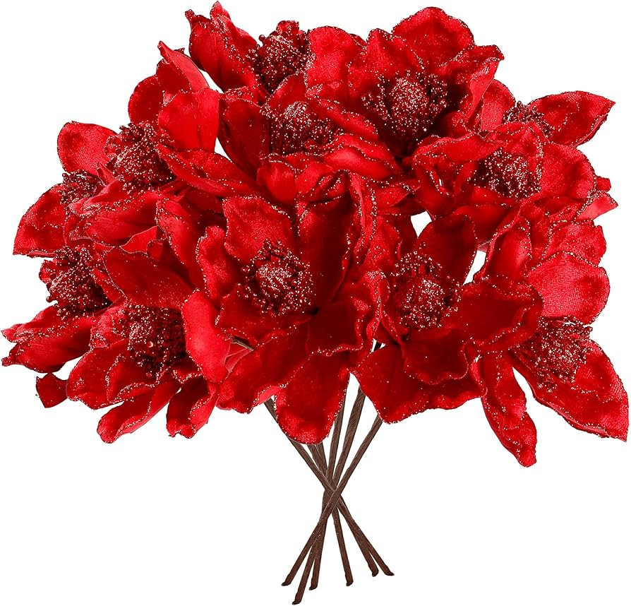 Sggvecsy 10Pcs Christmas Glitter Flowers Christmas Tree Ornaments Artificial Poinsettia Flower Ve... | Amazon (US)