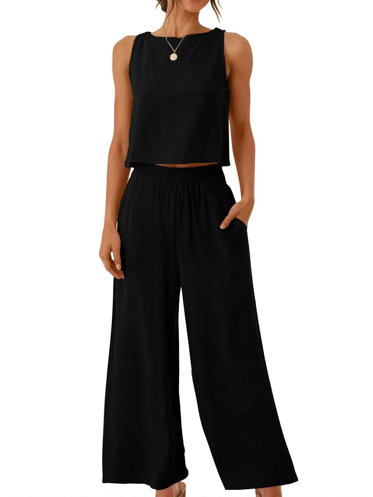 MOSHU Two Piece Lounge Sets for Women Loose Fit Tank Tops and Wide Leg Pants with Pockets Solid S... | Walmart (US)