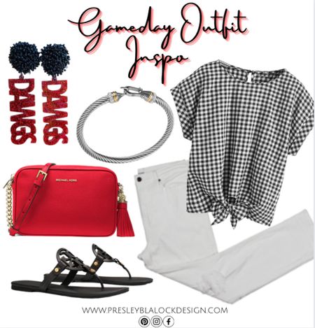Gameday Outfit Inspo / Red and Black Fashion / Amazon Blouse / Walmart Fashion / Amazon Fashion Finds / Michael Kors Crossbody Purse / Red handbag / Georgia bulldogs outfit / gameday fashion / game day accessories / college team outfit / shop the outfit / fashion inspiration / checkered blouse / women’s outfit / fall fashion / fall outfit / bangle bracelet / Walmart finds / Tory Burch sandals / Miller sandals / sale alert / Labor Day sale / white pants for women / gameday earrings 

#LTKU #LTKstyletip #LTKSeasonal