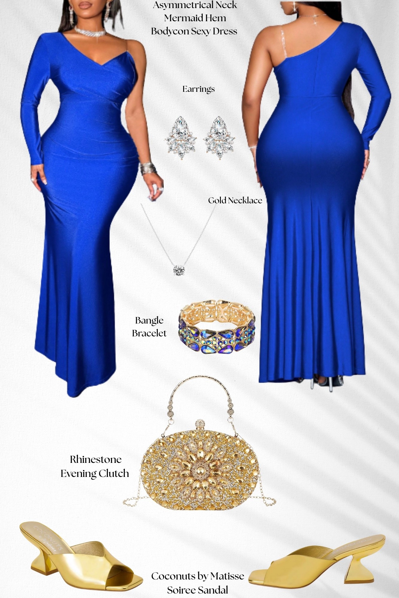 Blue is the new “all eyes on me” 💙
Asymmetrical one sleeve mermaid hem bodycon dress with statement crystal earrings, delicate necklace, bold bangle bracelet, rhinestone evening clutch, and gold Soiree mule heels.

#LTKMidsize #LTKootd #LTKPlusSize