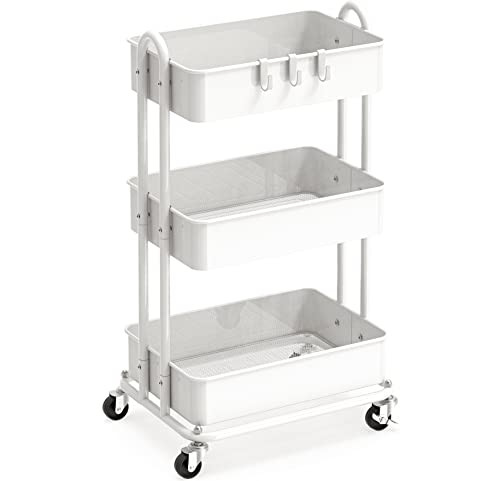Simple Houseware 3-Tier Heavy Duty Metal Utility Rolling Cart, White | Amazon (US)