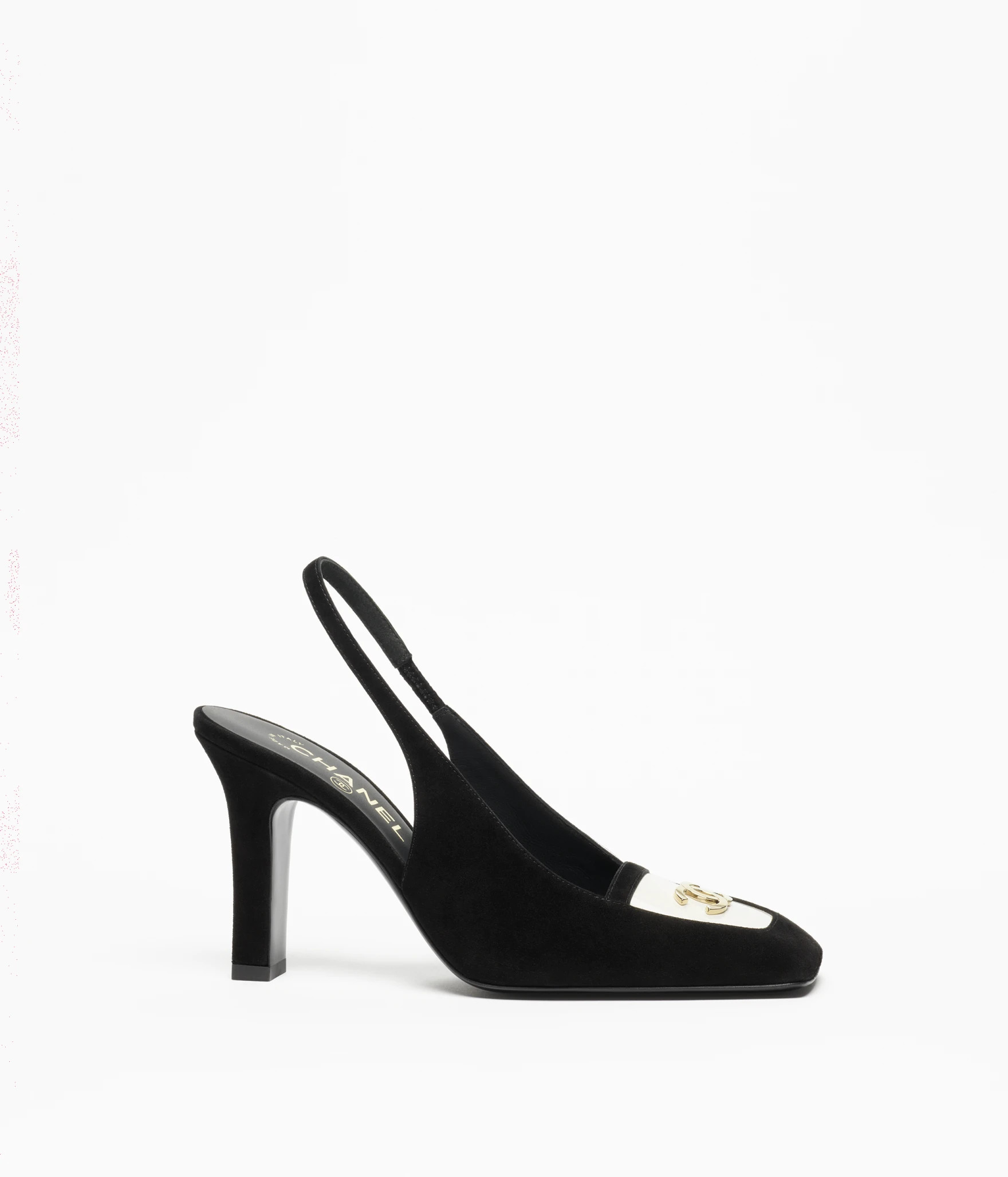 Slingbacks - Suede kidskin & patent calfskin, black & white \u2014 Fashion | CHANEL | Chanel, Inc. (US)