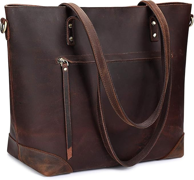 S-ZONE Vintage Genuine Leather Shoulder Bag Work Totes for Women Purse Handbag with Back Zipper P... | Amazon (US)