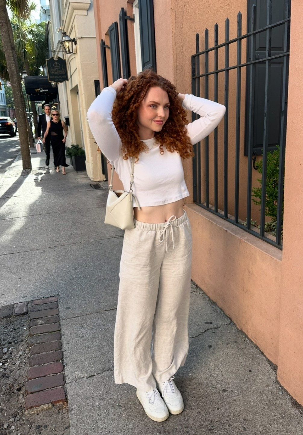 Cruiselinen lodge pants from Aritzia - I love them these are size XS in color ecru. Shirt is one of my fav basics the homestretch tshirt in white. 