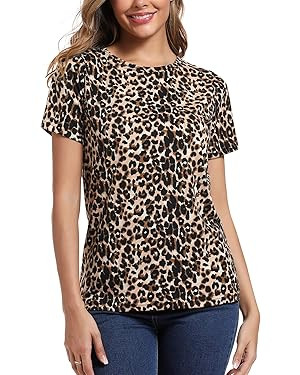 S.ROMZA Summer T-Shirt Women's Leopard Short Sleeve Shirt Loose Round Neck Tee Casual Top | Amazon (US)