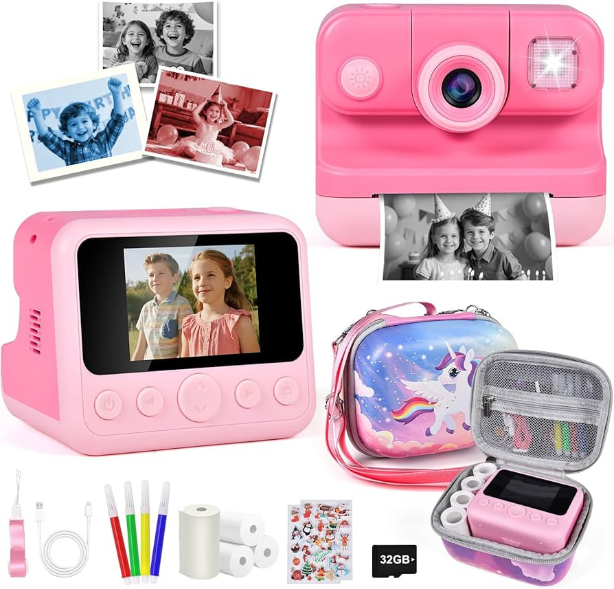 Kids Instant Print Camera with Carrying Bag, 1080P HD Girl Camera with 4 Print Paper Rolls, Color... | Amazon (US)